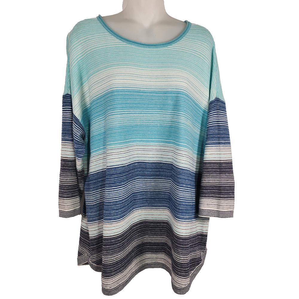 Chicos Womens Sweater Size 2 Large Lightweight Blue Striped 3/4 Sleeve Pullover